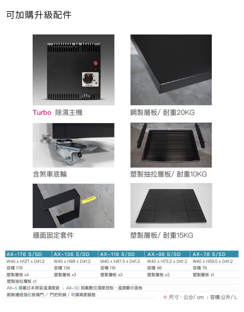 收藏家AX-S電子防潮櫃,可選配物件及全尺寸規格表