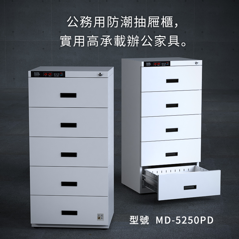 收藏家 MD-5250PD 數位顯示控制系列，可保護各種檔案、文物，免於受潮發霉、減緩氧化。